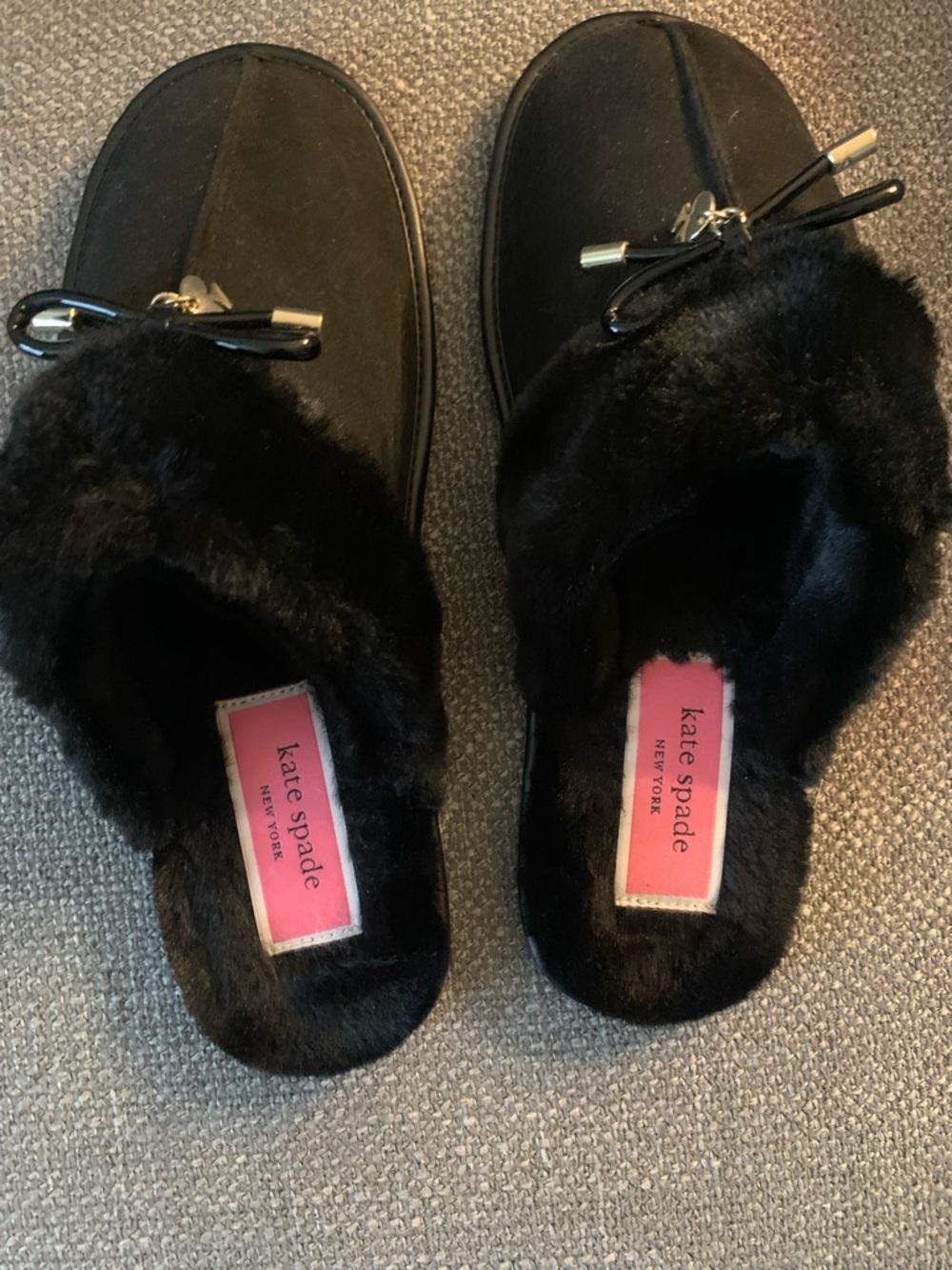 kate spade Black Faux Fur-Trim Slip-On Mules with Bow
